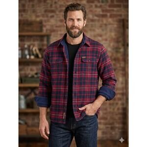 Orvis Men’s M Fleece Lined Flannel Shirt Jacket Plaid Red Black Heavyweight Coat